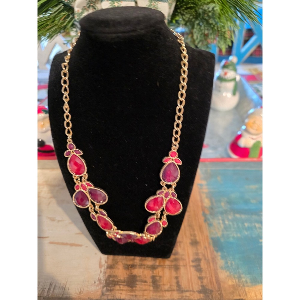 Gold Tone Statement‎ Necklace Red Jewel Teardrop Dangle Bib Fashion Jewelry